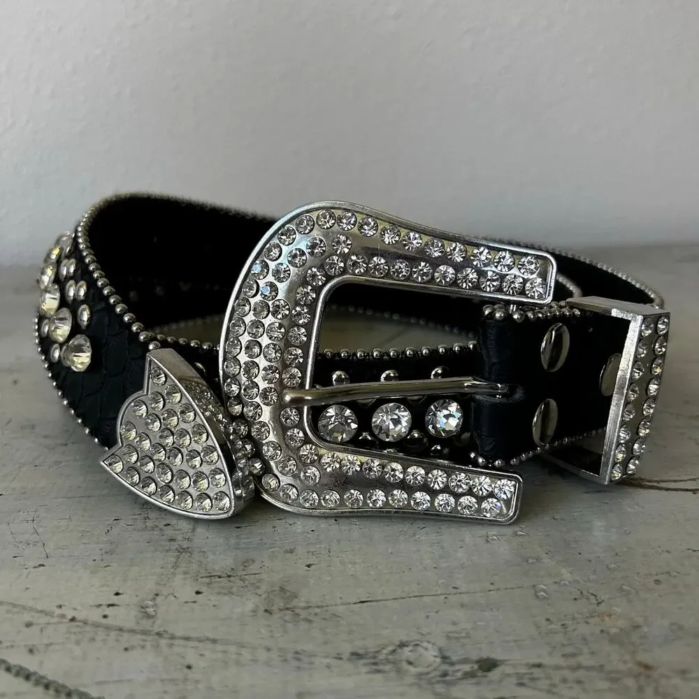 Vintage Rhinestone Studded Leather Bling Western Glam Statement Belt Y2K 34 - 36